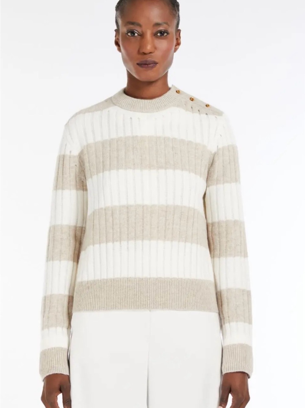 Max Mara Alfeo Striped Rib Wool Cashmere Cropped Sweater Gold Buttons Small - Picture 2 of 12